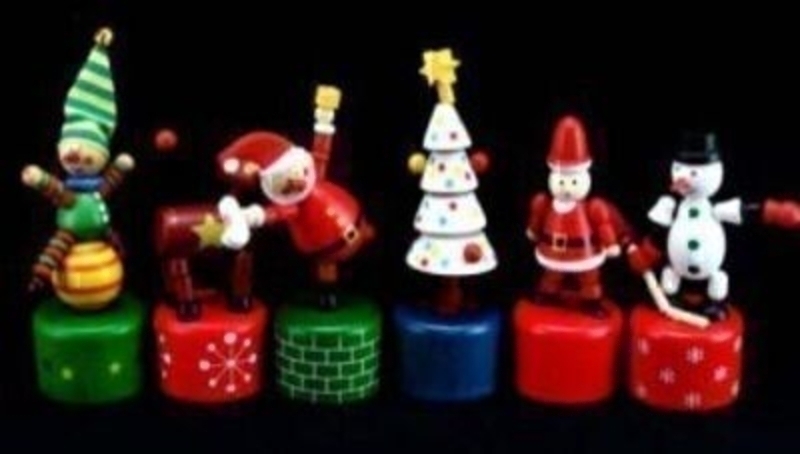 Wooden Christmas push up toy by Gisela Graham,  Choice of Jester, Reindeer, Santa green base, Santa red base, Tree, Snowman. If preference please specify when ordering. Size 12cm